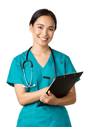 Smiling nurse in teal scrubs with a stethoscope, representing 24/7 online nursing academic support in UK.