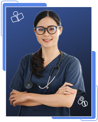 A confident female nurse in navy scrubs with stethoscope, representing nursing dissertation writing support across UK