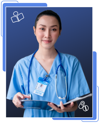A female nurse in blue scrubs holding a notebook, representing nursing research proposal writing support across UK.